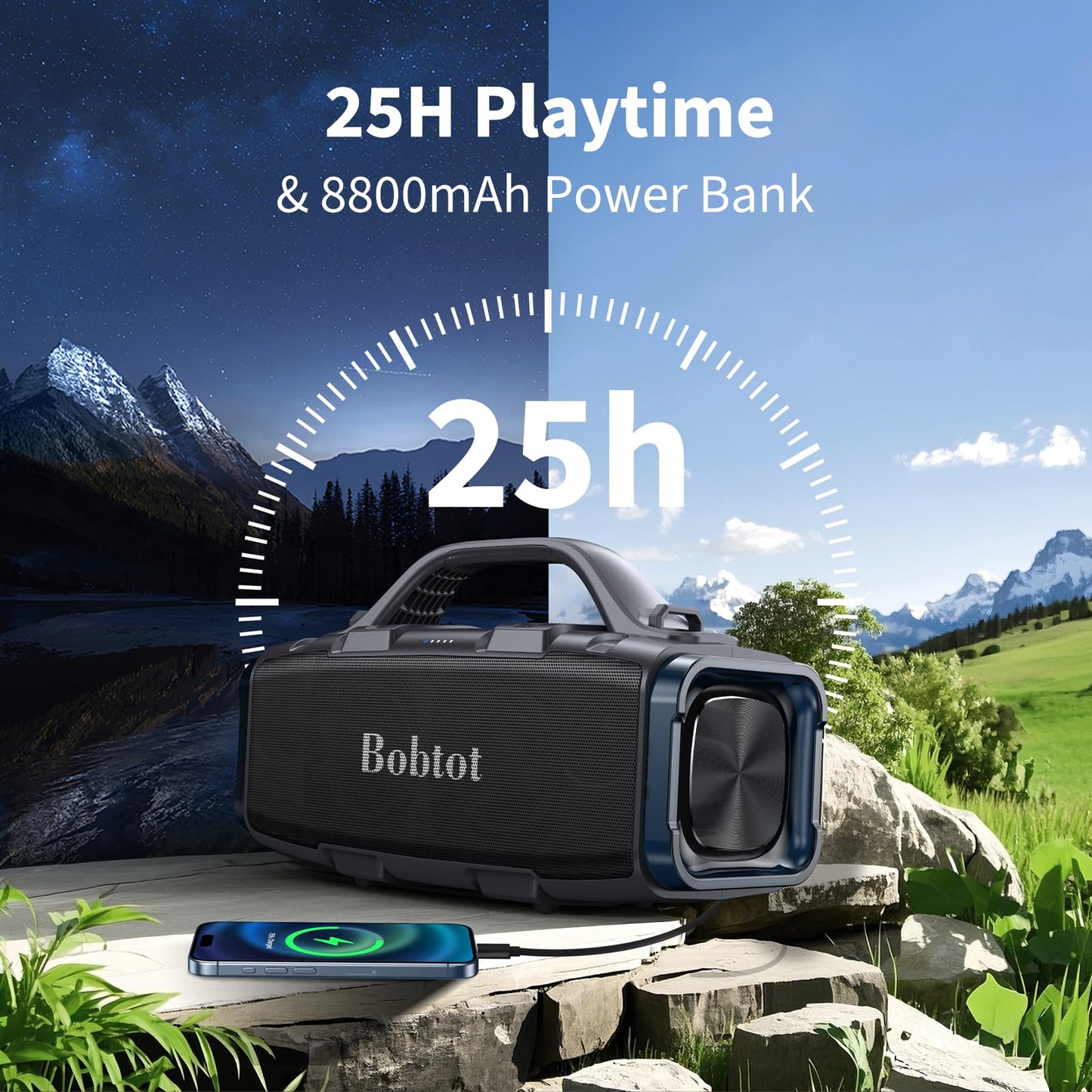 Bobtot Portable Bluetooth Speaker, 60W Peak Ipx6 Waterproof, Outdoor Speaker With Handle Stereo Loud Sound, Deep Bass, 8800Mah B