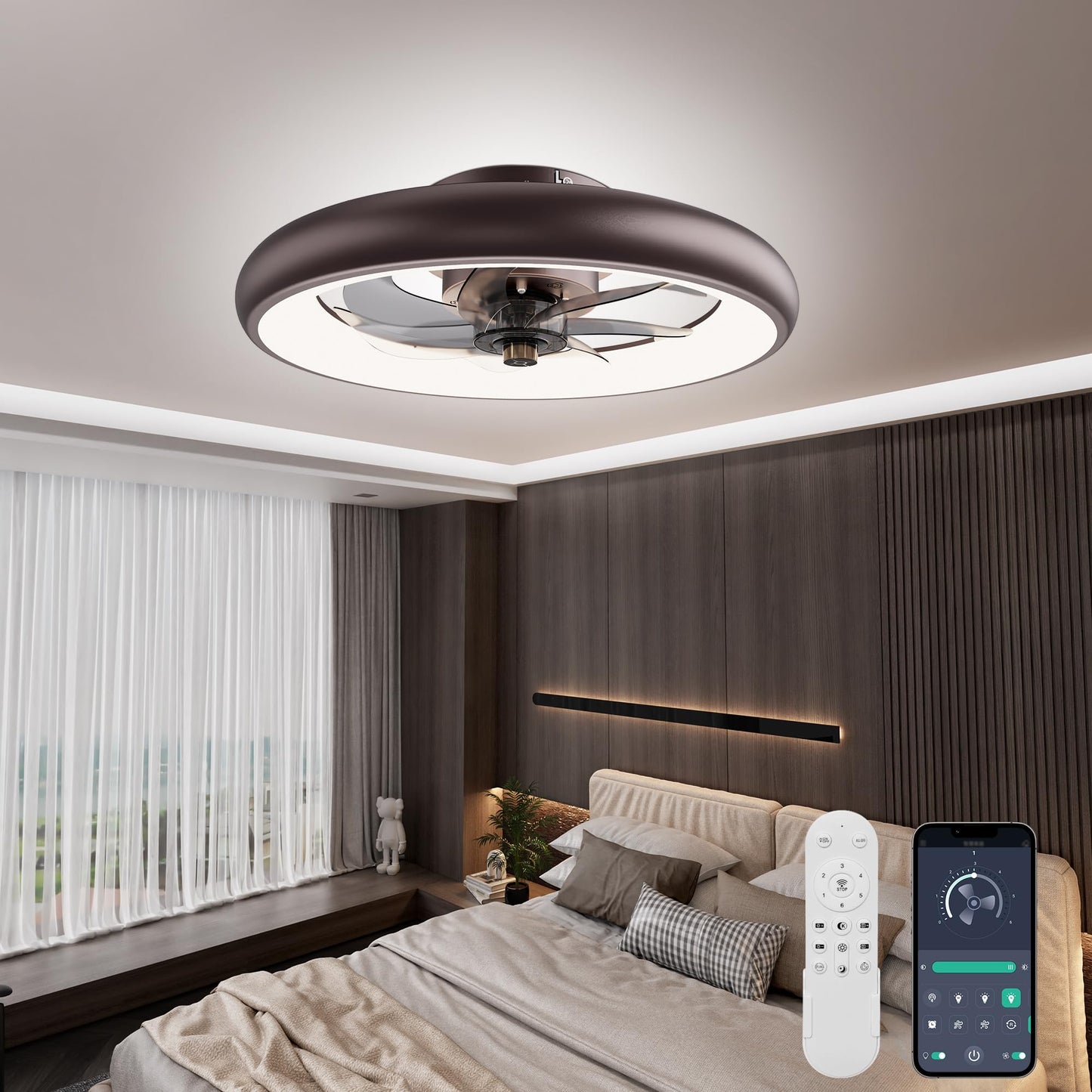 Vipbear 20in Flush Mount Ceiling Fan with Lights, Remote & APP Control, 6 Speeds, Brown-Updated Motor, Model SZLY-L-FL01-Vip-2503