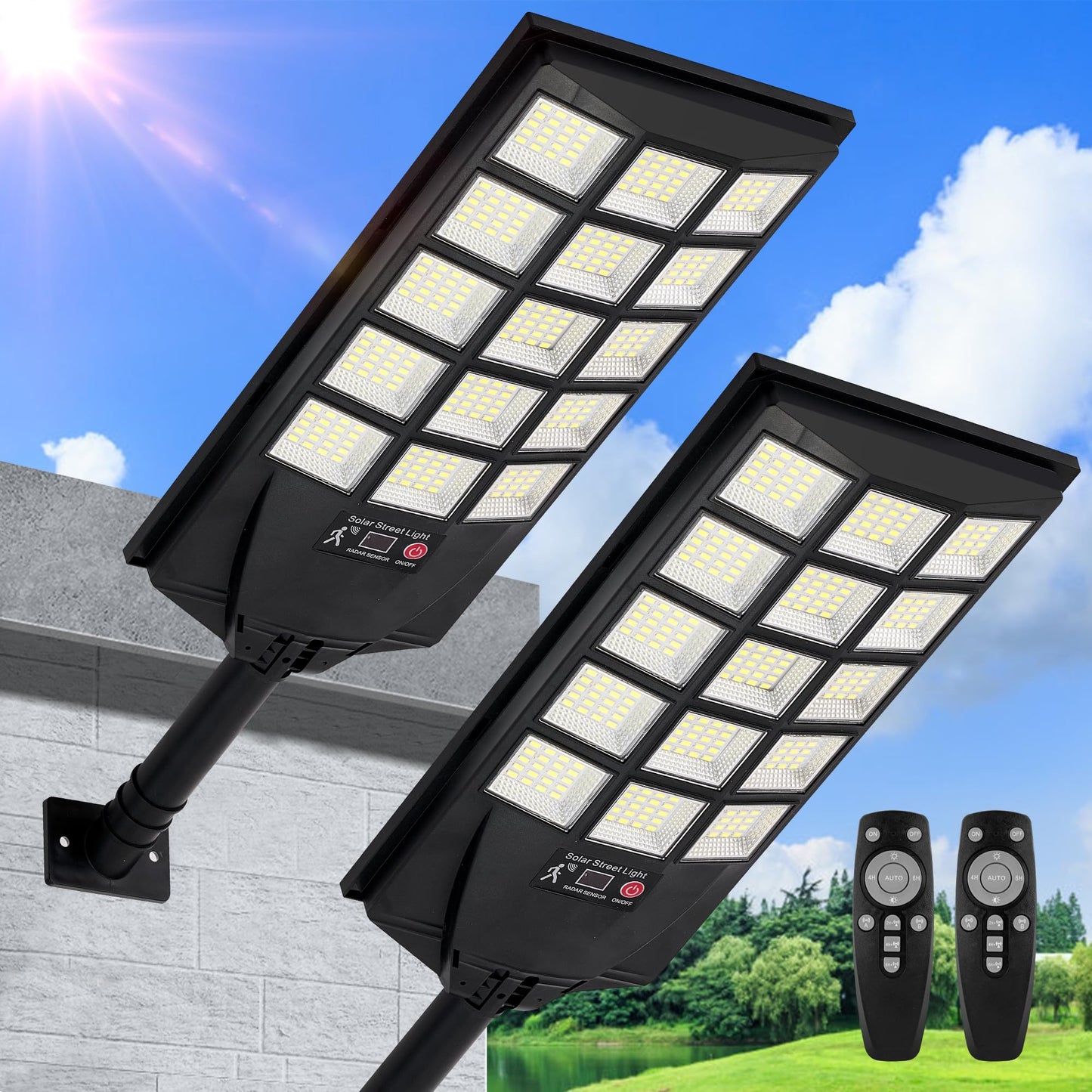 Aqraou Solar Street Lights Outdoor, Dusk to Dawn, Motion Sensor, Remote Control, 2-Pack, Black, Model Aqraou01