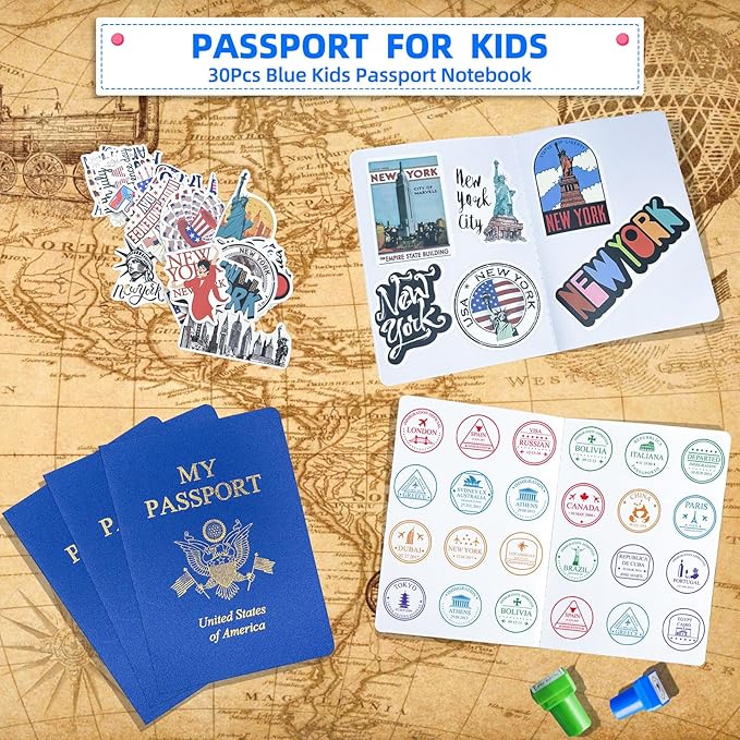 200 Pcs Blank Passport Notebook Blue Passport Book Fake Passport Travel Journal Sticker Collection Book for Kids School Projects World Travel Pretend Activity Party Favors, 5.51x3.9 Inch