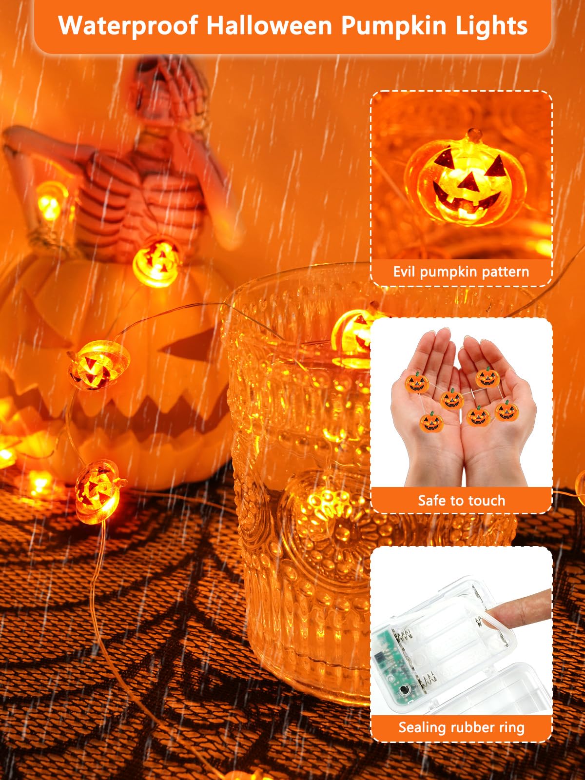 Halloween Fairy Lights Battery Operated 15Ft 40Led Orange Pumpkin String Lights 8 Modes With Remote  Warerproof Twinkle Lights With Timer For Indoor And Outdoor Halloween Decorations For Party Holiday