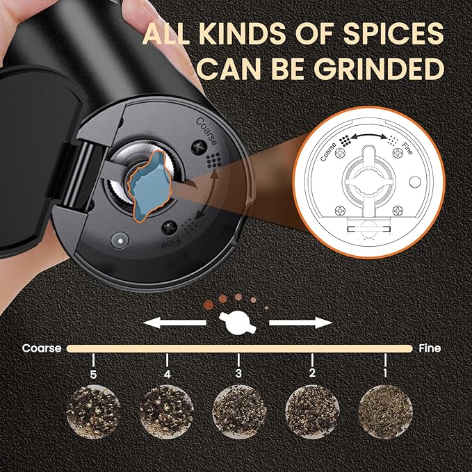 [Upgraded Larger Capacity]Electric Salt and Pepper Grinder Set, USB Rechargeable Automatic Salt and Pepper Shakers Set with Visual Power Reminder, 4oz Large Capacity with Adjustable Coarseness（Black）
