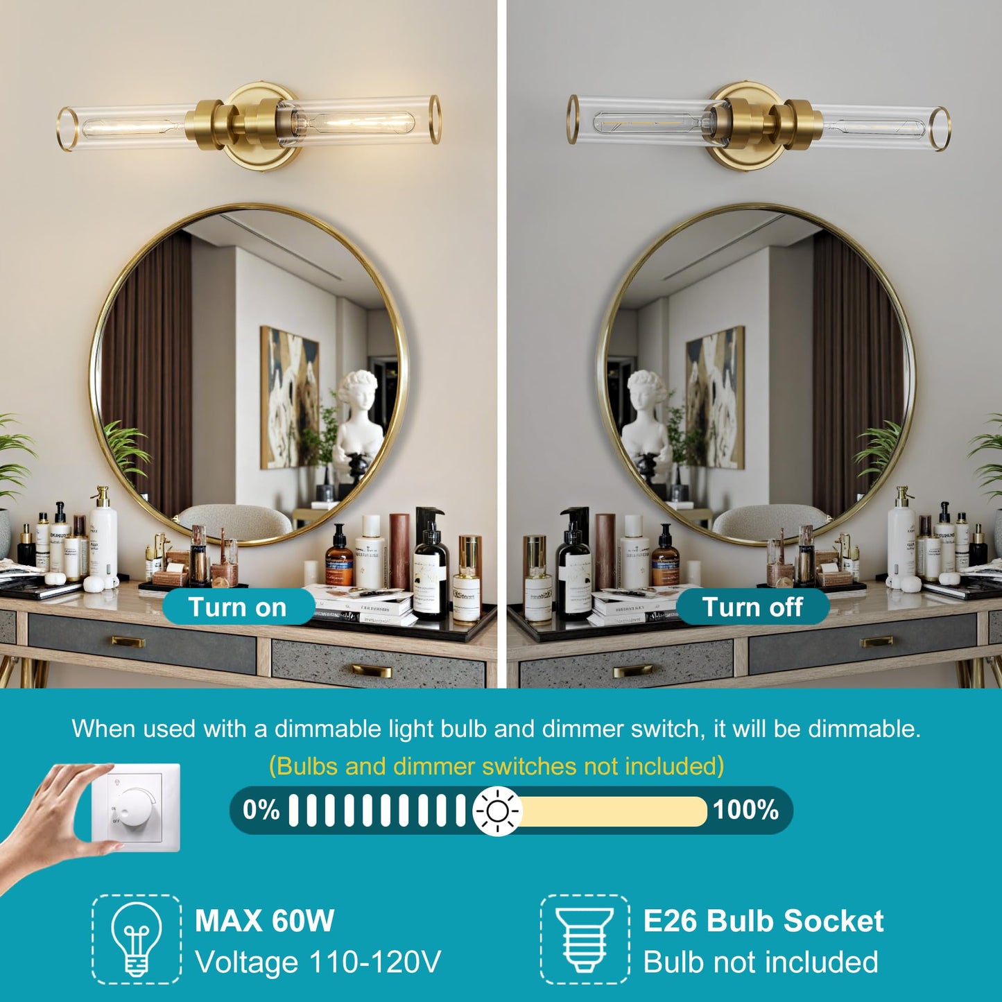 Vaziden Bathroom Light Fixtures  Gold Wall Sconce In Clear Glass Vanity Lights  Modern Bathroom Vanity Light Up And Down Sconces Wall Lighting For Living Room  Hallway  Bedroom - Bulb Not Included