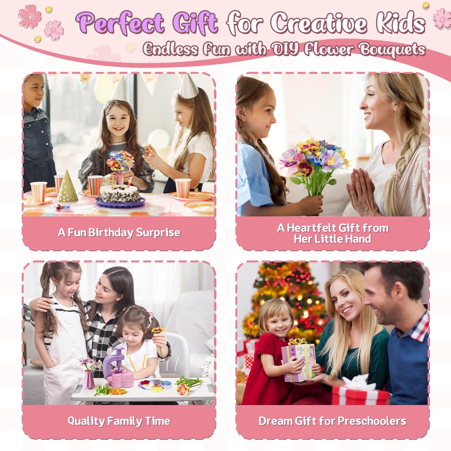 Fabric Flower Bouquets Toys – Mess-Free Flower Crafts for Kids & DIY Arts and Crafts for Child Ages 3 4 5 6 7 8 9+, No Glue Needed, Fun Early Educational STEM Gift for Birthdays, Christmas, Holidays