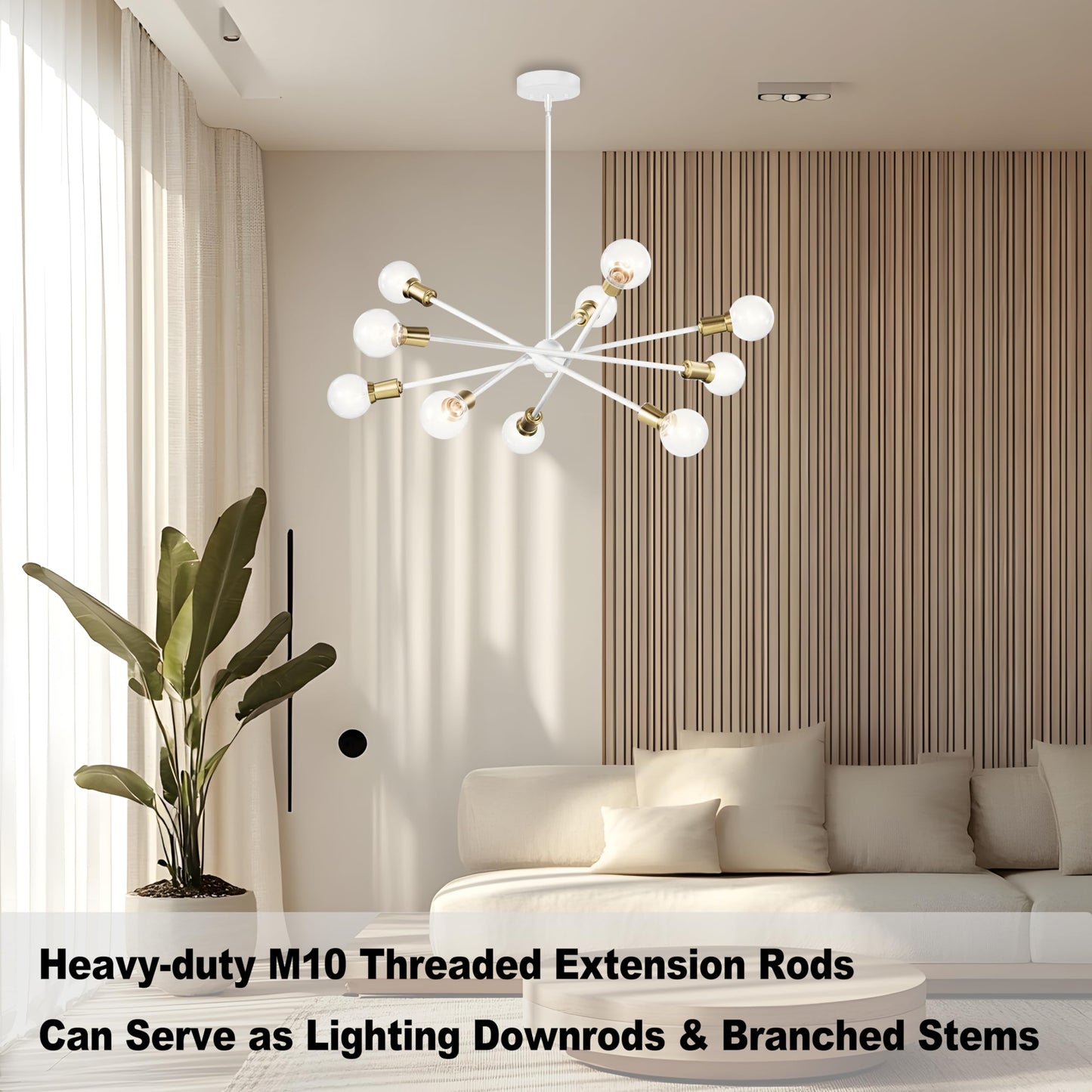 M10 Threaded Extension Poles Lighting Fixture Downrods Stems & 180 Degrees Sloped Ceiling Adapter Kits For Pendant Light  Island Lighting  Chandeliers (White)