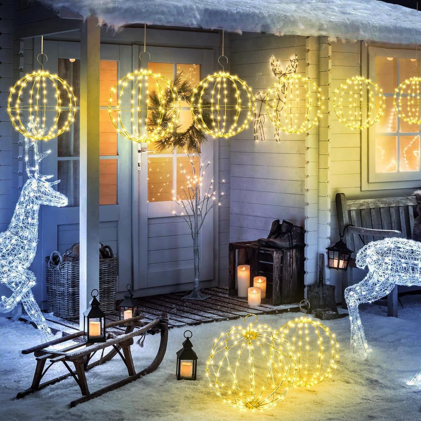 Flacchi Set Of 2 Christmas Hanging Ball Lights - 2 Sizes Of Connectable Hanging Tree Globe Fairy Lights With 8 Lighting Modes Timing Function Waterproof Indoor Outdoor (Warm White)