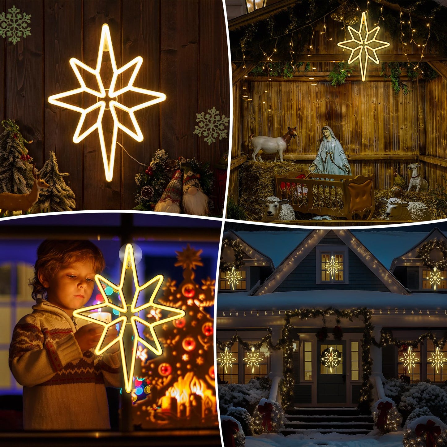 Enhon 2 Pack 16 Inch Bethlehem Star Window  Christmas Star  Nativity Lighted Outdoor  Usb Powered Or Battery Operated Bethlehem Christmas Neon Light For Window Bedroom Indoor Decor (Warm White)