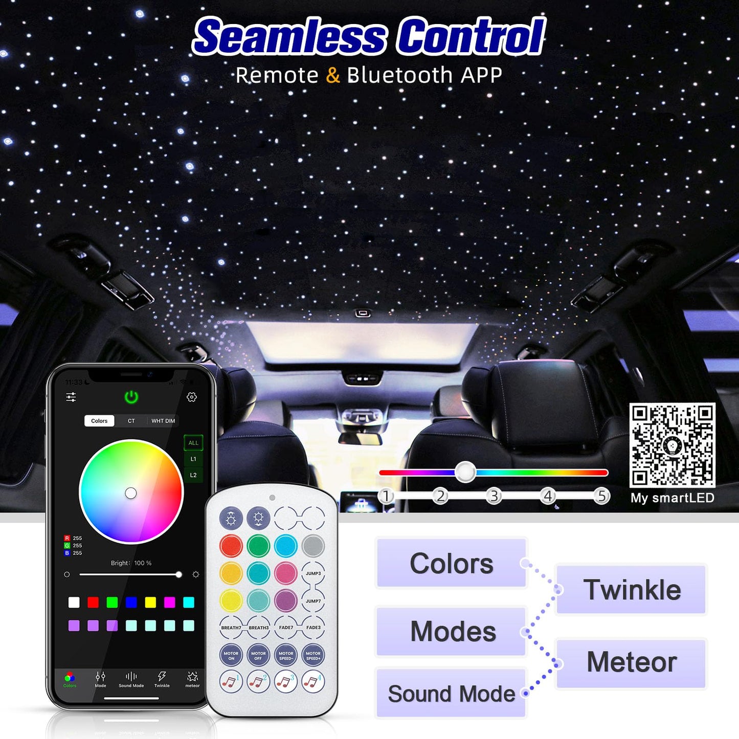SUNKENET Twinkle Starlight Headliner Kit, 225pcs Fiber Optic Lights, 9.8ft, Bluetooth Control, RGBW, Model QJ-L006