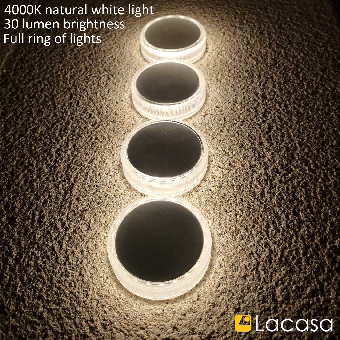 Lacasa Solar Deck Lights, Waterproof LED Step Lights, Round, 4000K Neutral White, Model C78, 4 Pack