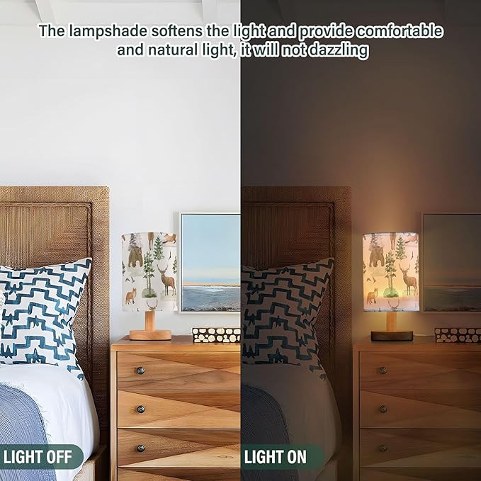 Table Lamp Watercolor Animal Forest Tree Deer Fox Bear Nightstand Lamp with Wood Base Fabric Lamp Shade Bedside Desk Lamp for Living Room Bedroom Kids Room Office