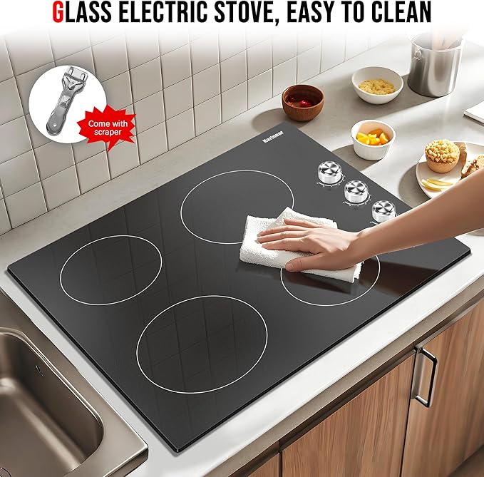 Karinear 24 Inch Electric Cooktop 4 Burners Electric Stove, Knob Control,6000W, Built-in Radiant Hob,Residual Heat Indicator, Overheat Protection,Hardwired 220V Radiant Ceramic Stove(Silver Knob