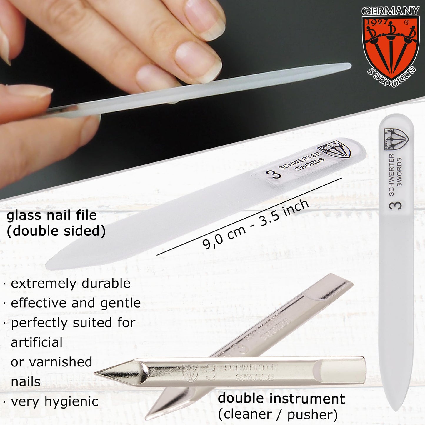 3 Swords Germany - Brand Quality 6 Piece Manicure Pedicure Grooming kit Set - Scissors, Metal and Glass Nail File, Clipper, Twee