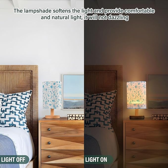 Table Lamp Blue Snowflake Pattern Snowy Christmas Frozen Xmas Holiday Decor Nightstand Lamp with Wood Base Fabric Lamp Shade Bedside Desk Lamp for Living Room Bedroom Kids Room Office