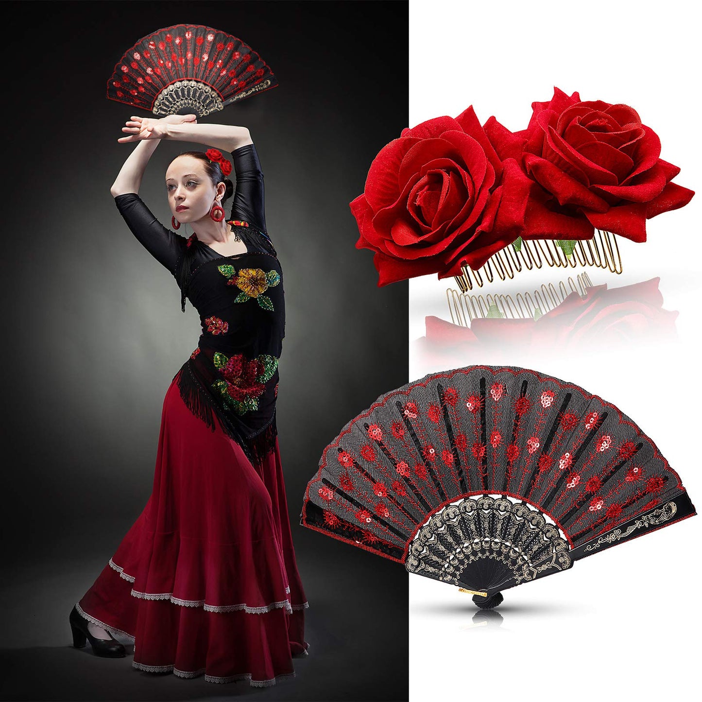 2 Pieces Women Rose Flower Hair Clip and Embroidered Sequins Fabric Handheld Folding Fan Mexican Hair Accessories for Flamenco D
