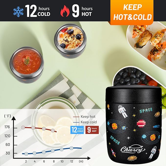 Charcy 9oz Stainless Steel Vacuum Insulated Kids Food Jar - Soup Thermo for Hot & Cold Food - Gray Astronaut