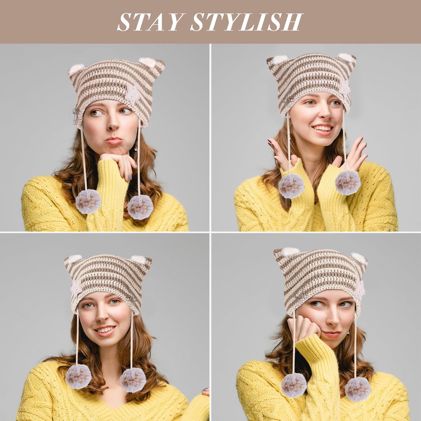 Cat Ear Beanie Y2K Hat, Women Girl Emo Crochet Striped Grunge Goth Star Pom Aesthetic Knit Kawaii Alt Cute Slouchy Skull Cap (Khaki Beige)