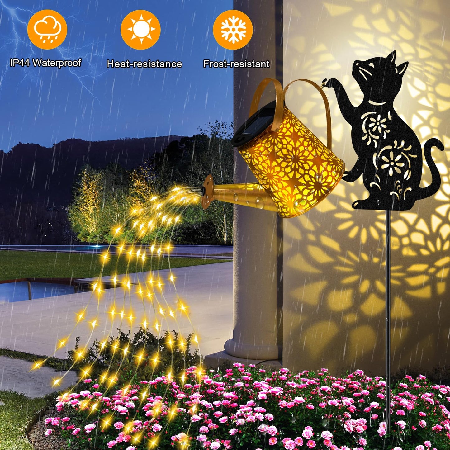 Solar Lights Outdoor Decorative  Watering Can With Cascading Lights  With Cat Silhouette Garden Stakes  Waterproof Metal Garden Decor For Yard Art  Outside  Patio  Lawn Ornaments