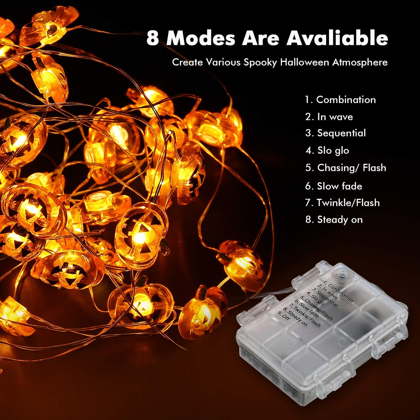 Brizled Halloween Pumpkin String Lights, 40 LED 13.12ft, Battery Powered Fairy Lights with Remote & Timer, Warm White
