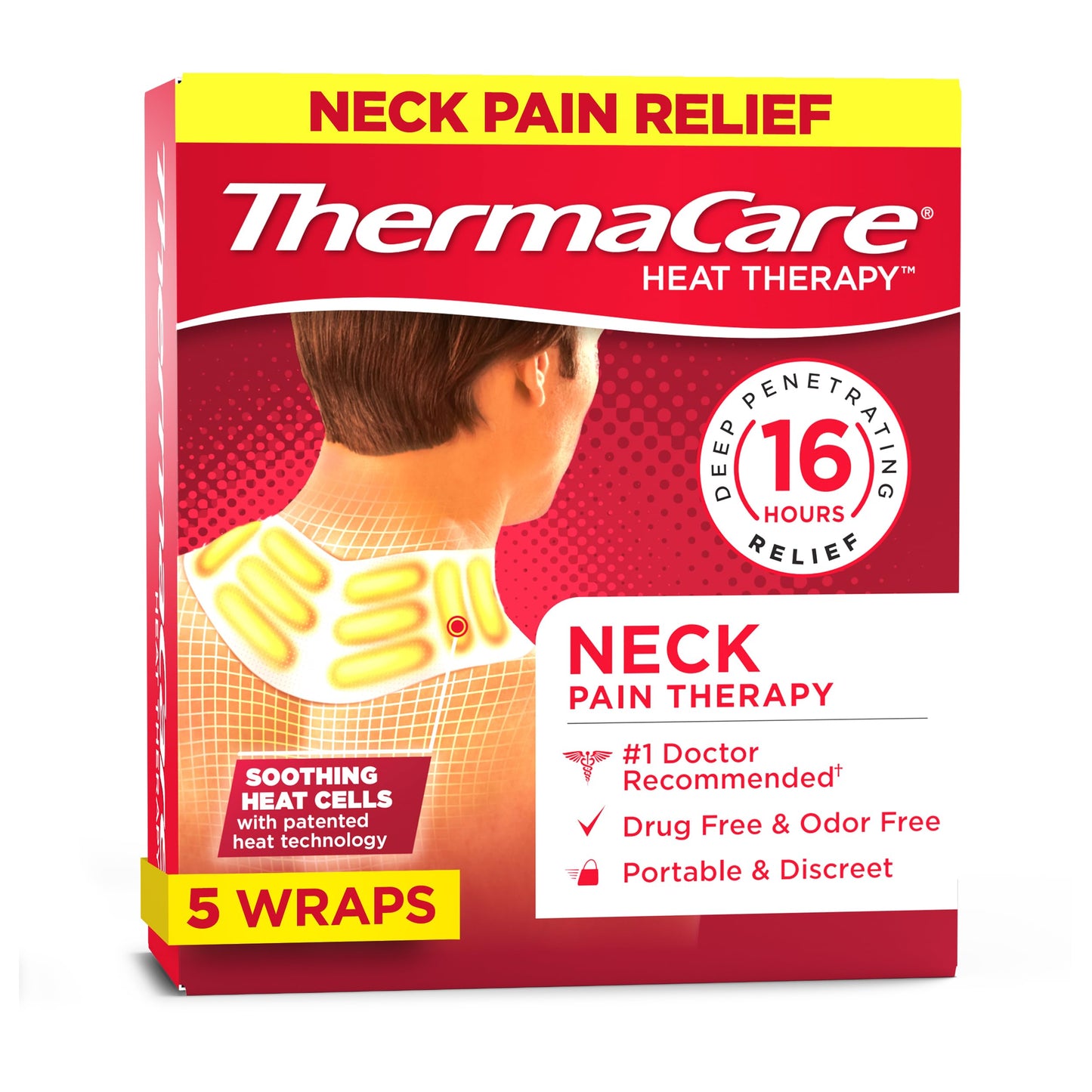 ThermaCare Neck & Shoulder Heat Wraps - Pain Relief Heating Pads for Stiff Muscles & Aches - 16-Hour Drug-Free Therapy - Portable & Discreet - 5-Count
