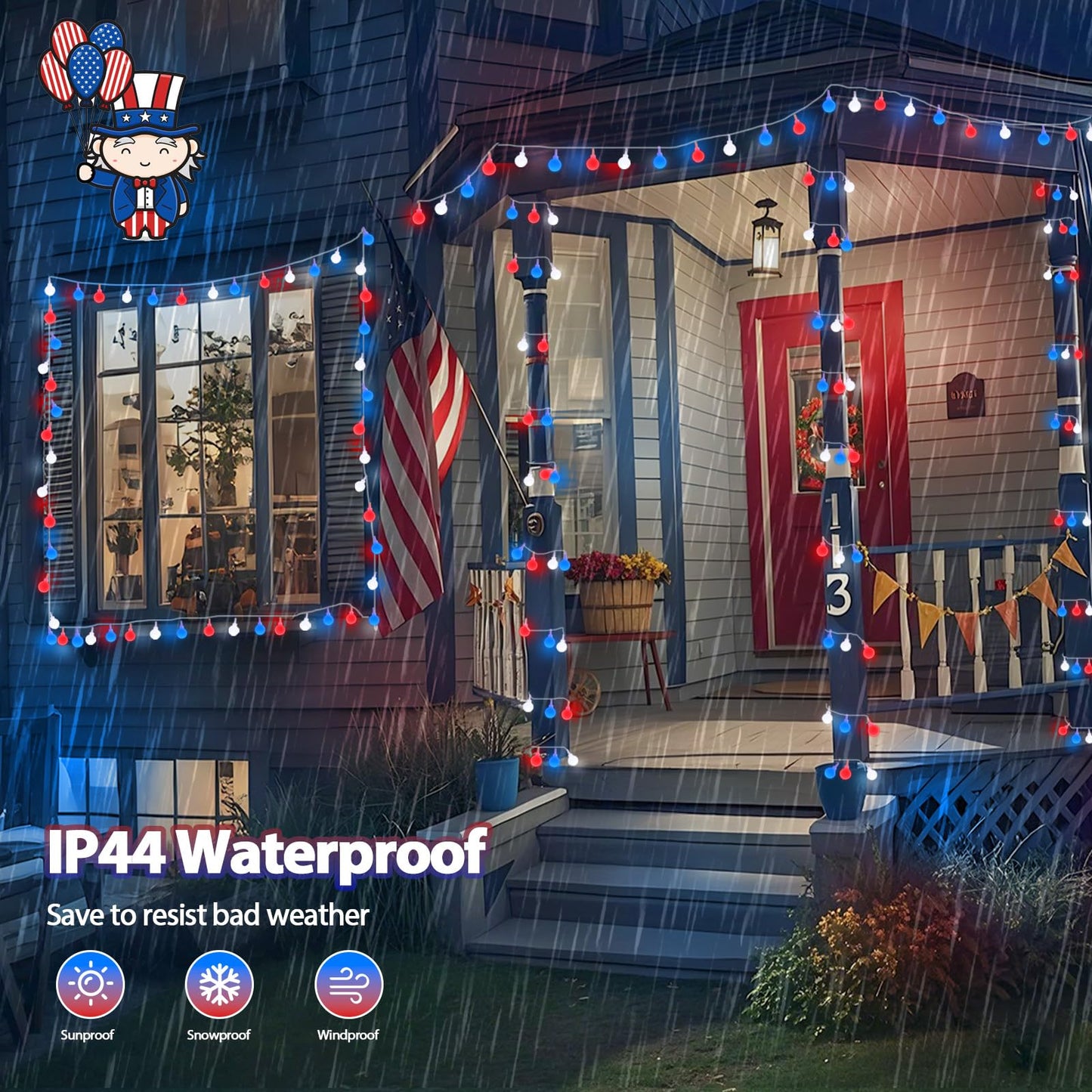 LORRYTE Connectable String Lights 100 LED Waterproof 42FT Red White Blue, 13 Modes with Timer for Indoor Outdoor Use