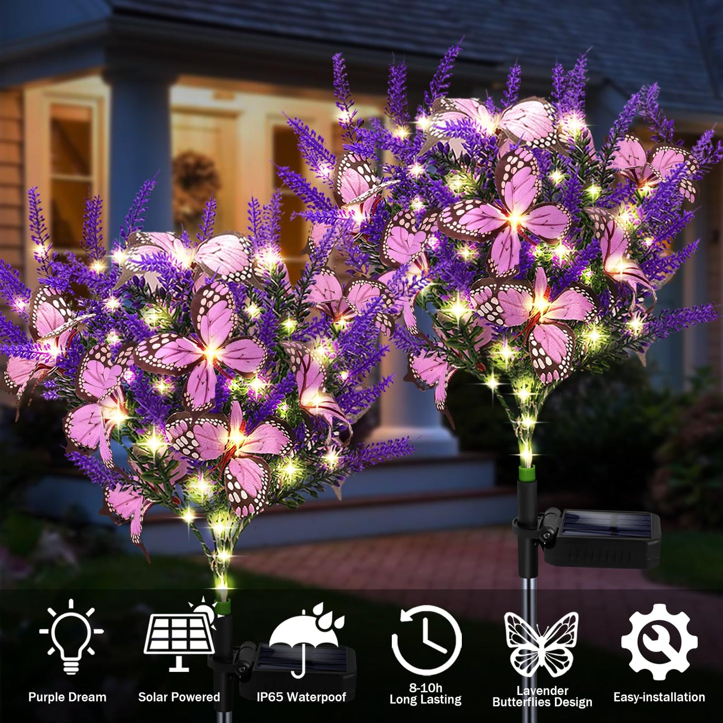 Kohlrabi Solar Garden Lights, 4 Pack, Warm White Lavender, Butterfly Decor, Model XYCNB-4
