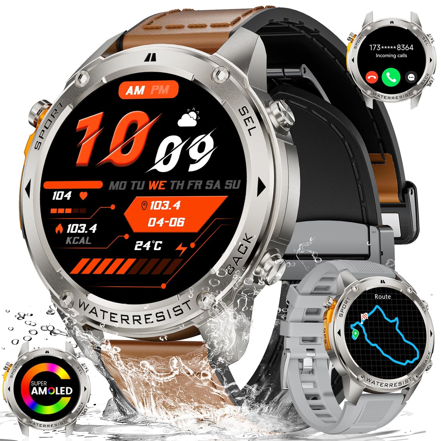 LIGE GPS Military Smart Watch for Men, Compass Rugged Smart Watches, 170+ Sport Modes Fitness Tracker Watch, 1.43'' AMOLED Smart Watches, Mens Smart Watch Android iPhone Compatible