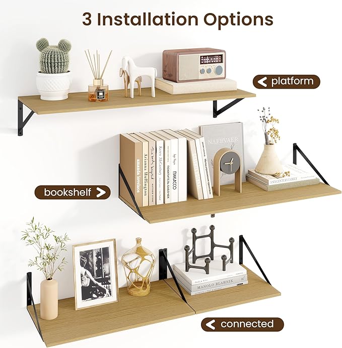 Fun Memories Floating Shelves for Wall, 12 Inch Deep Floating Shelves Set of 2, 24W x 12D Large Wall Shelf with Sturdy Metal Brackets for Living Room, Bathroom, Bedroom and Kitchen, Oak