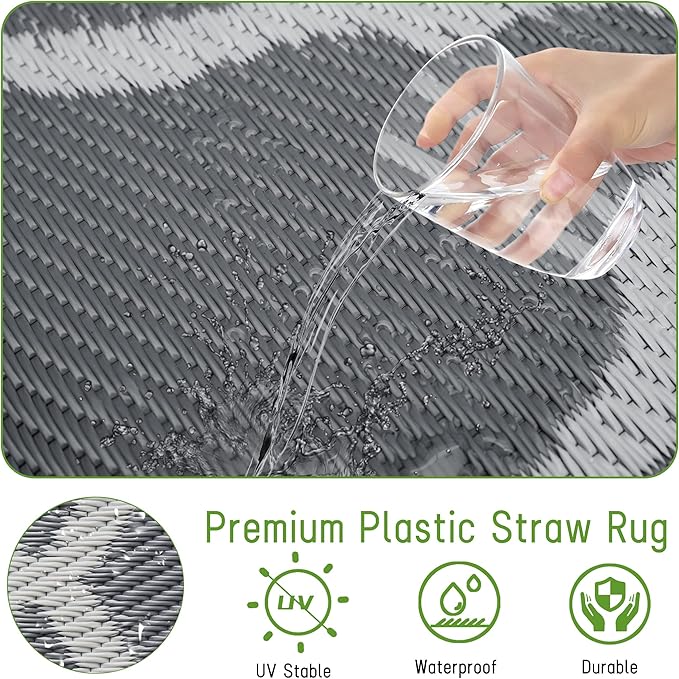 Easy-Going Reversible Outdoor Rugs 5x8ft Waterproof Plastic Straw Rug Stain & UV Resistant Floor Mat for Patio Porch RV Backyard Pool Deck Picnic Beach Trailer Camping (Moroccan Grey & Light Grey)