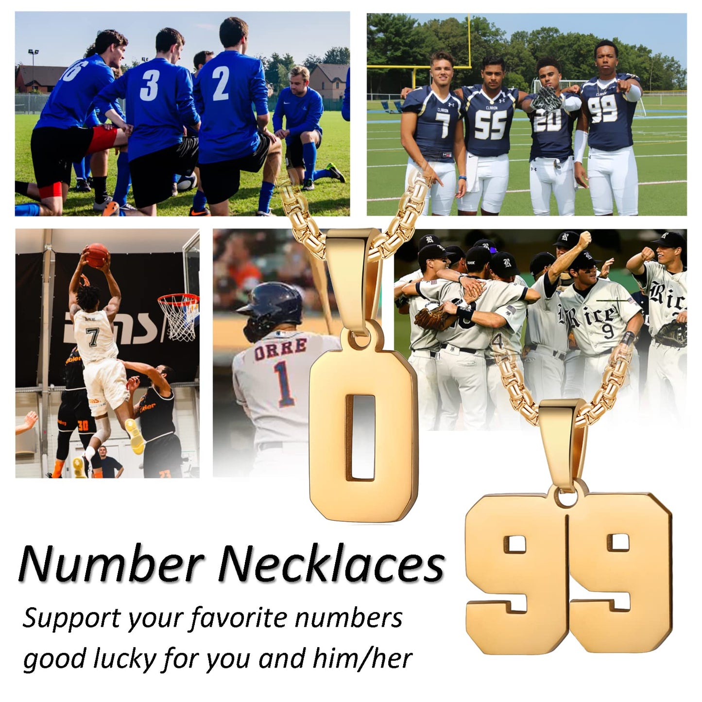 Susook Number Necklaces Personalized 18K Gold Plated Initial Number Pendant Stainless Steel Chain 22+2inch Movement Necklaces fo