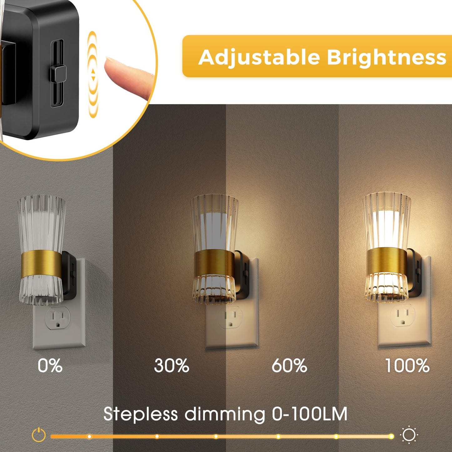 L LOHAS LED Night Light, 3000K Soft Warm, Adjustable 0-100LM, 2 Pack, Gold Ring-Model A-GY19002US-2