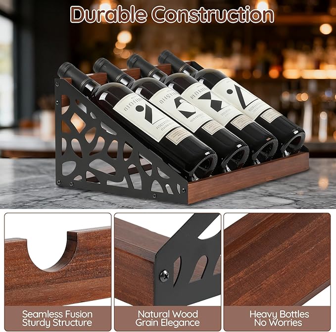 4-Bottle Rustic Countertop Wine Rack, Freestanding Wooden Tabletop Wine Bottle Holder for Cabinet, Pantry, Table, Kitchen