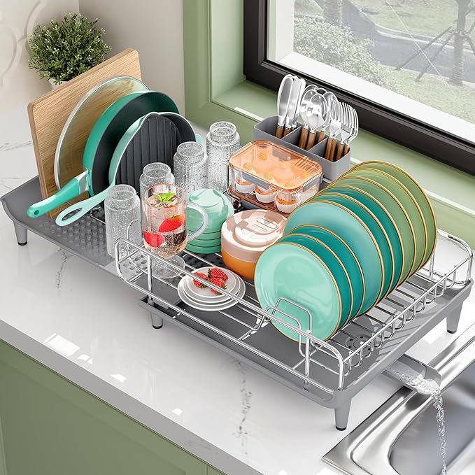 TOOLF Dish Drying Rack - Large Expandable Dish Rack for Kitchen Counter, Stainless Steel Dish Drainer for Kitchen Organization with Cutlery ＆ Cup Holder,Gray