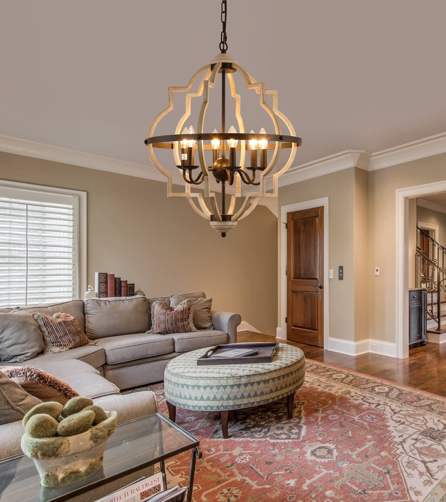 Q&S Rustic Antique Orb Chandelier, 6-Light Oak White Iron Ceiling Fixture For Foyer, Dining Room, Kitchen, Living Room
