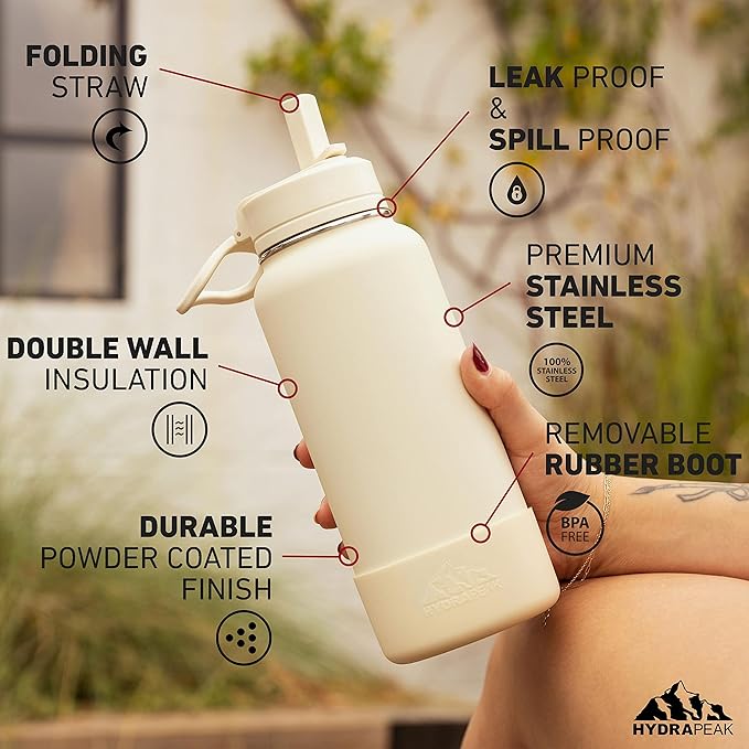 Hydrapeak 26oz Sport Insulated Water Bottle with Straw or Chug Lid, Leak & Spill Proof, Keeps Drinks Cold for 24 Hours, Hot for 12 Hours, Premium Stainless Steel Water Bottles (26oz, Iris)