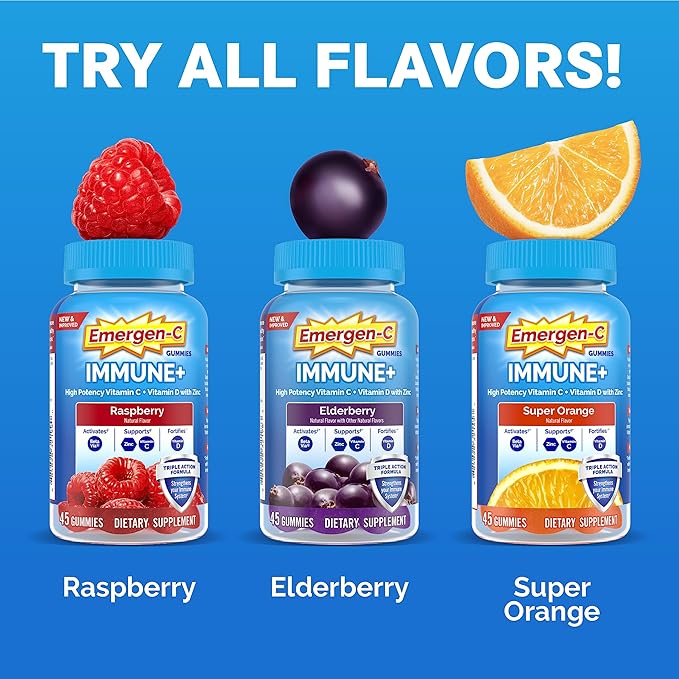 Emergen-C Immune+ Immune Gummies, Vitamin D plus 750 mg Vitamin C, Immune Support Dietary Supplement, Caffeine Free, Gluten Free, Super Orange Flavor - 45 Count