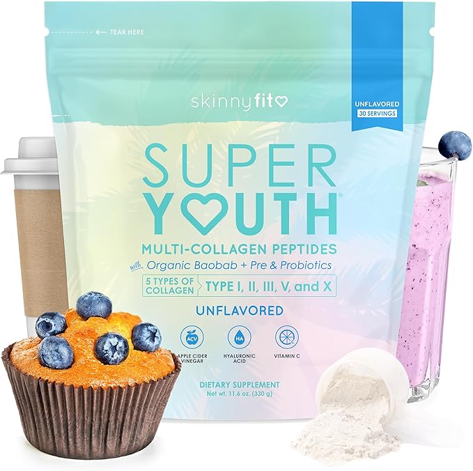 SkinnyFit - Super Youth, Unflavored (28 Servings) - Multi Collagen Peptides Powder - Probiotics, Fiber, Hyaluronic Acid - Collagen for Women - Non GMO, Gluten Free, Sugar Free - Beauty & Self Care