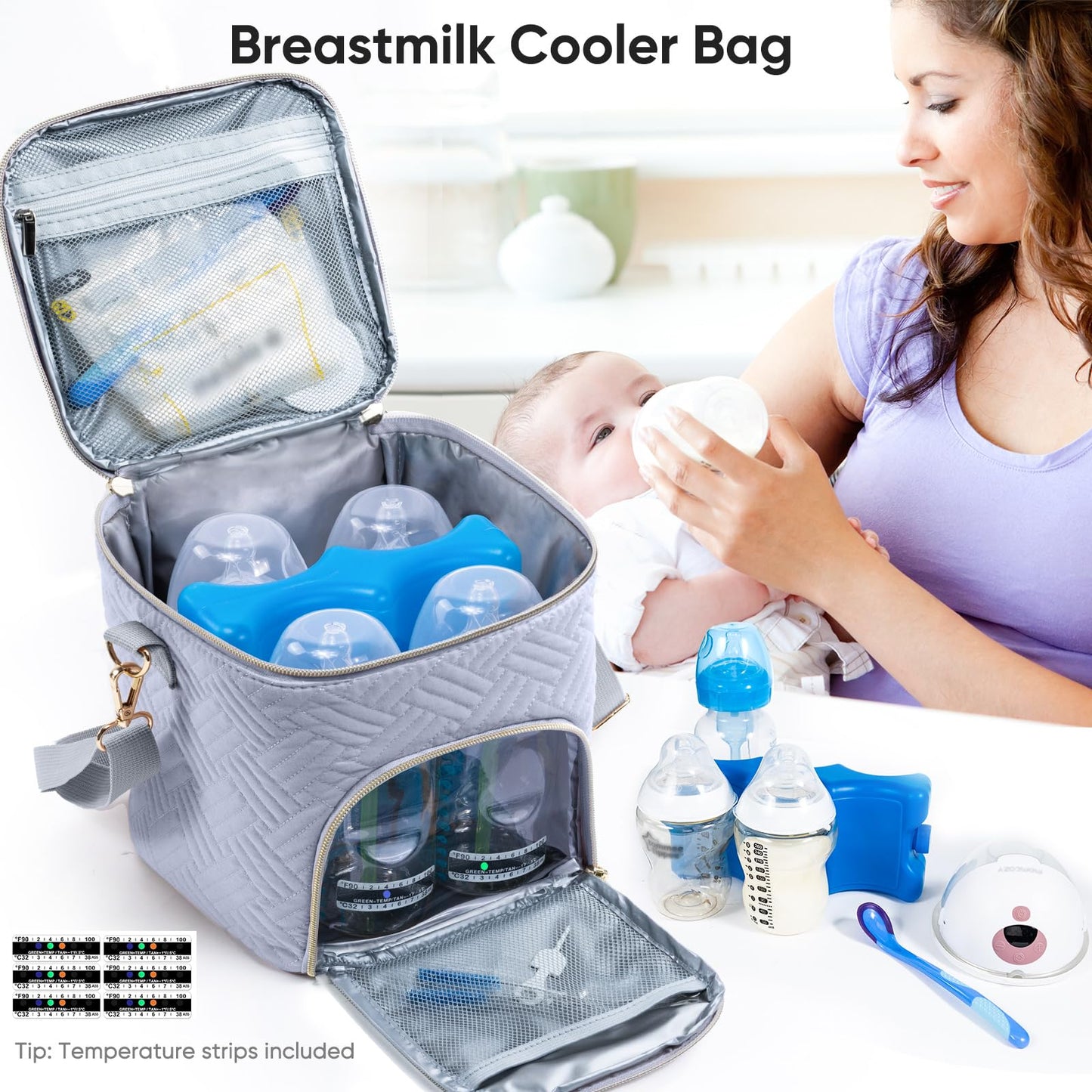 SFYBYEART Breastmilk Cooler Bag with Temperature strips & Ice Pack for 4 Baby Bottles Cooler Bag - See-through Milk Bag for Baby Bottles 4oz-9oz,Breastmilk Storage Bag, Breast Milk Bags for Daycare