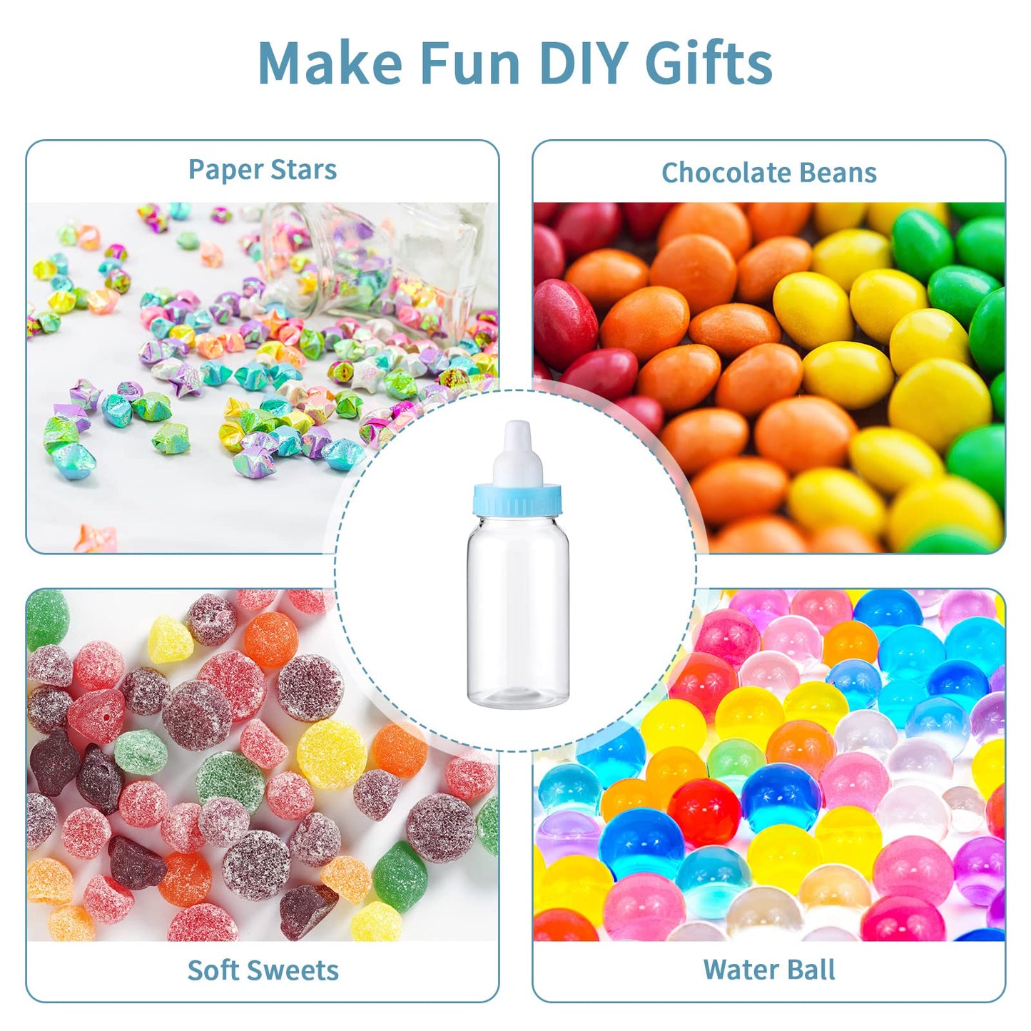 48 Pcs 4.5 Inch Baby Bottle Shower Favor Mini Plastic Candy Bottle Baby Shower Fillable Feeding Candy Box for Party Boy Girl Birthday Newborn Baptism with Removable Blue Tops