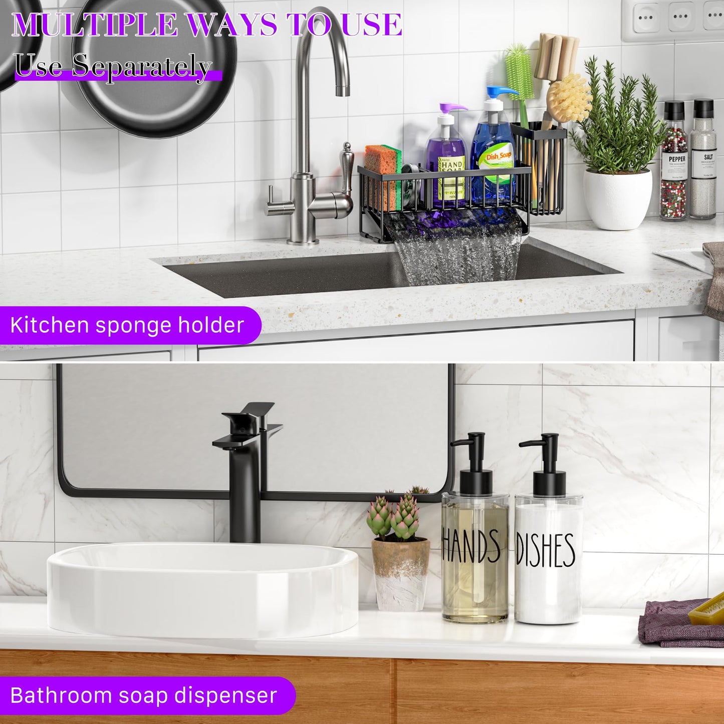 MASADI Kitchen Dish Soap Dispenser Set with Sponge Holder, 12OZ Glass Bottle, Hand and Dish Soap Dispenser Set, Non-Slip Silicone Pad, Brush Holder, Kitchen Sink Organizer Countertop (Black+Clear)