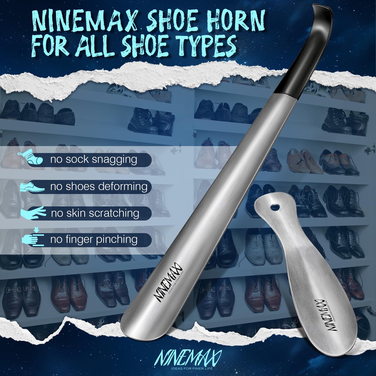 NINEMAX Shoe Horn Long Handle for Seniors Men Women, Metal Long Shoehorn Boot Horn 16.5'', Travel Small Stainless Steel Shoe Spoon Helper for Kids 7.5''