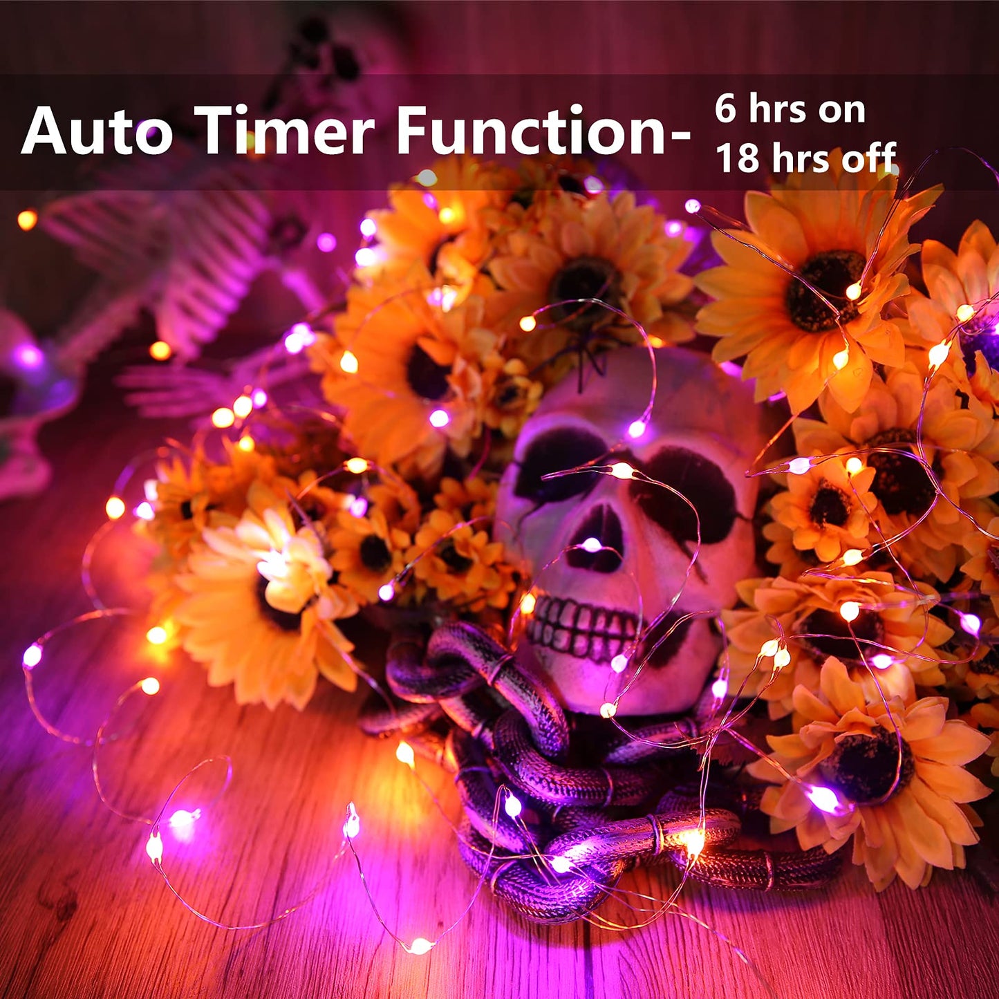 Joomer Halloween String Lights, 50 LED, 17.59ft, 8 Modes, Waterproof, Orange & Purple, Model 693cefbf-955a-488c-a272