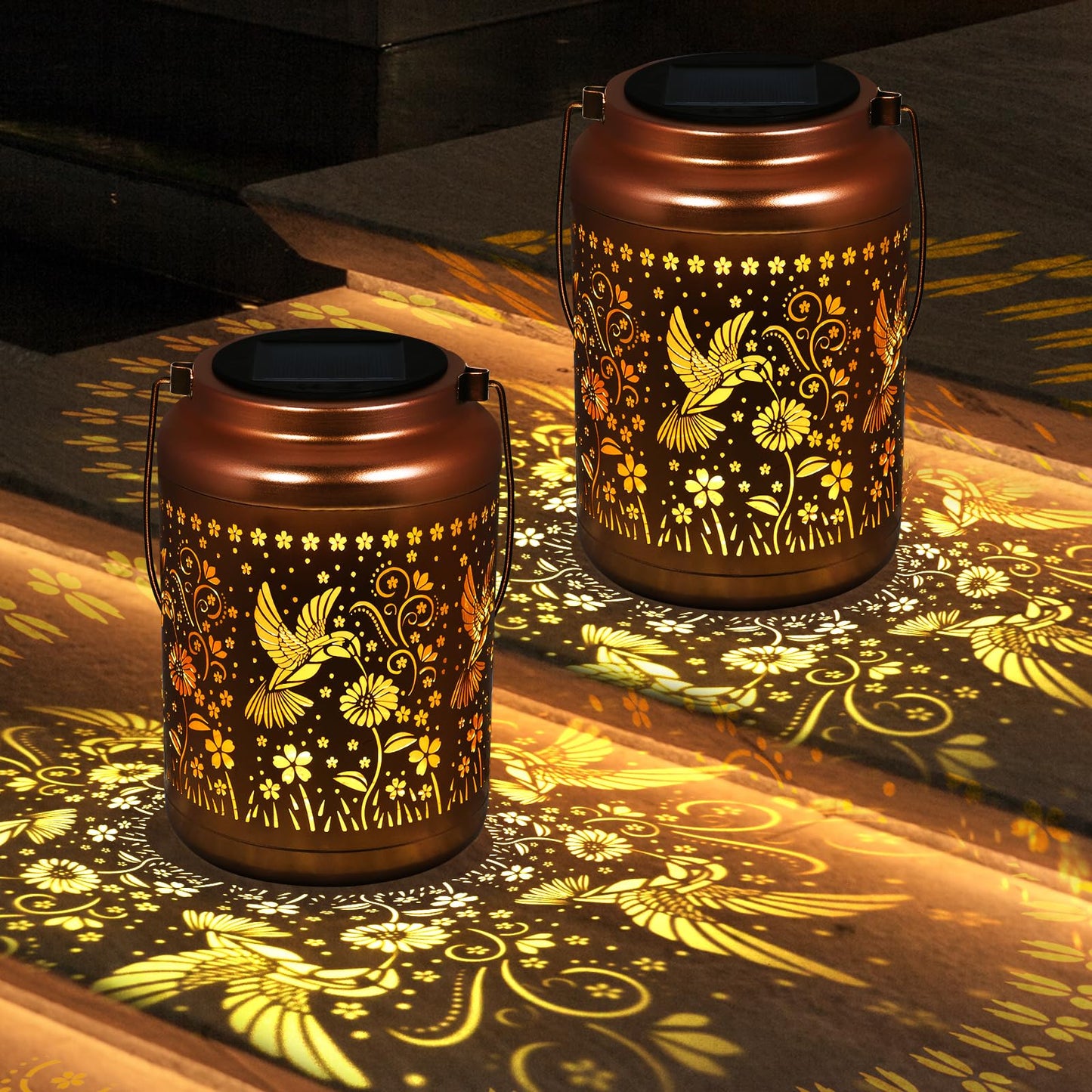 2 Pack Solar Lanterns Outdoor Garden Decor- Solar Lights Waterproof Hummingbird Decorative Gifts For Women Mom Grandma Hanging Metal Lights Gardening Gift For Outside For Yard  Patio  Backyard  Farm