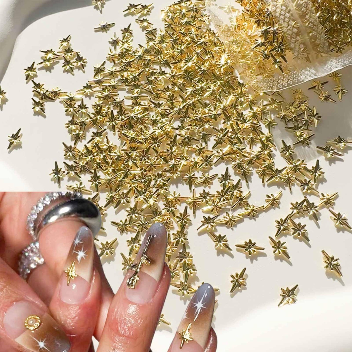ONPRESS 1000pcs Mini Star Nail Art Rhinestones Gold Cute Cross Star Nail Charms 3D Alloy Nail Art Charms Kawaii Charms for Acryl
