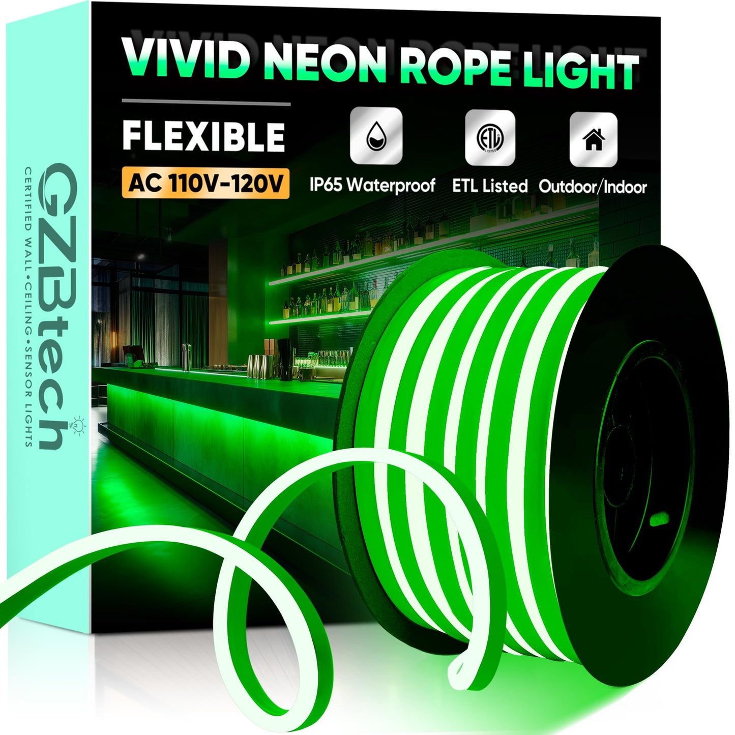 Gzbtech Flexible Led Neon Rope Lights 33Ft Ac 110-120V Waterproof Strip Light  120 Leds/M Cuttable Connectable Neon Lighting For Indoor Outdoor Home Decor/Commercial Building Use-Green 10M