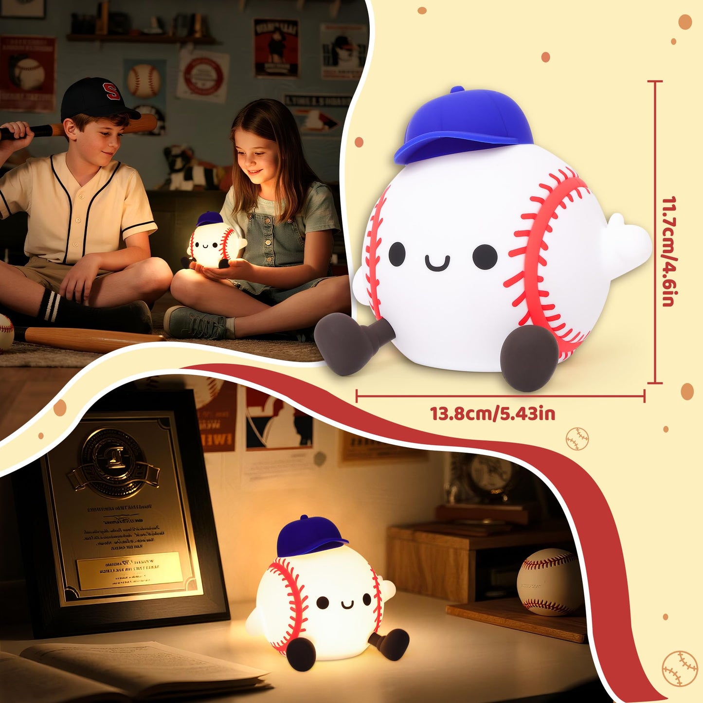 Attivilife Baseball Night Light  Baseball Gifts For Boys  Soft Silicone Nursery Bedroom Bedside Decor Dimmable Rechargeable Led Touch Lamp  Baby Kid Teen Sport Lover Athlete Birthday Christmas Gifts