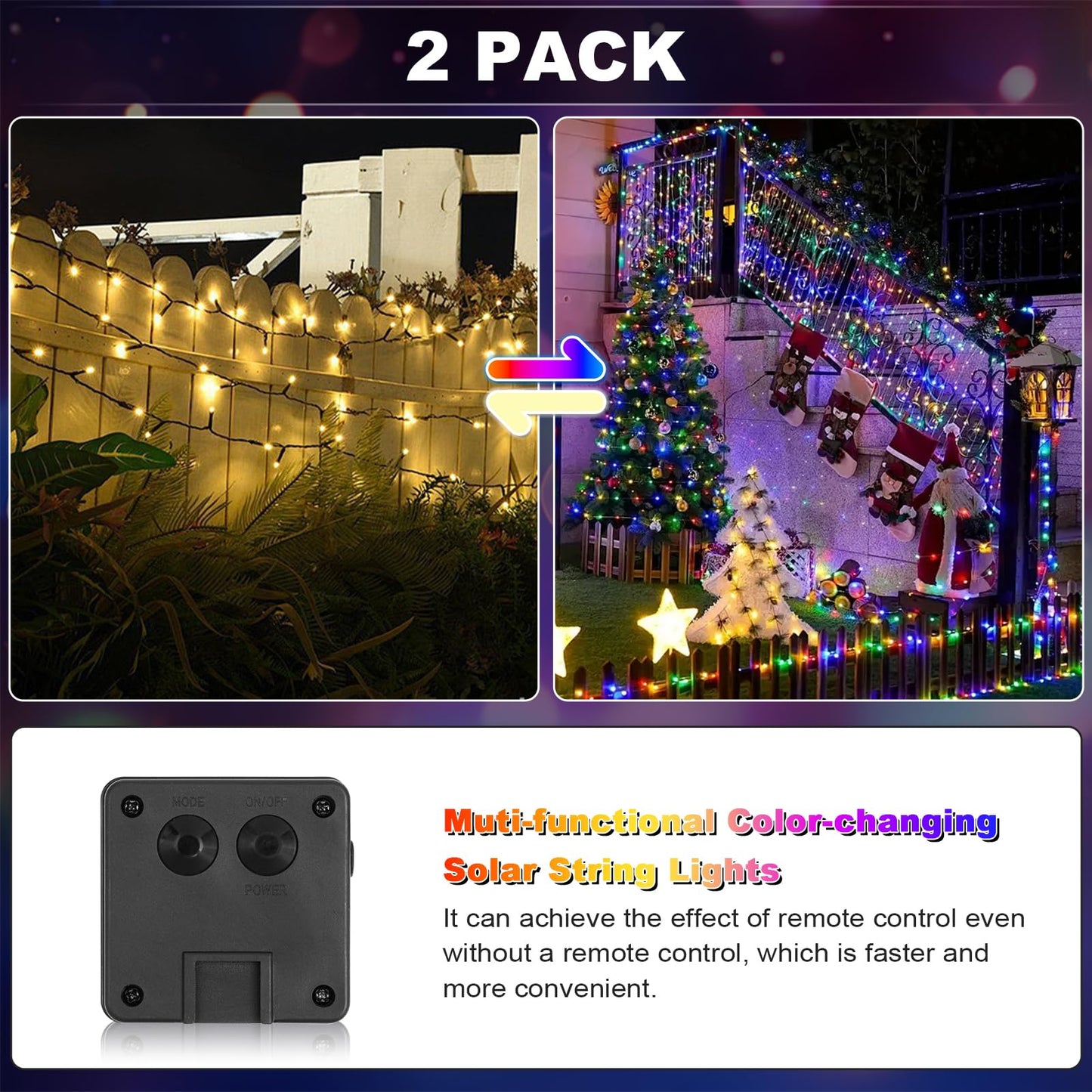 amadecohome 2 Pack 200 LED Solar String Lights, Waterproof, 100L, 8 Modes, Color-Changing, Model SL001
