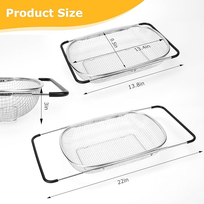 ZDRongZhen Kitchen Accessories Over the Sink Colander Strainer Basket，Stainless Steel Colander with Expandable Rubber Grip Sink Drainer-Rinse Vegetables Fruits &Strain&Drain (Large-grid)