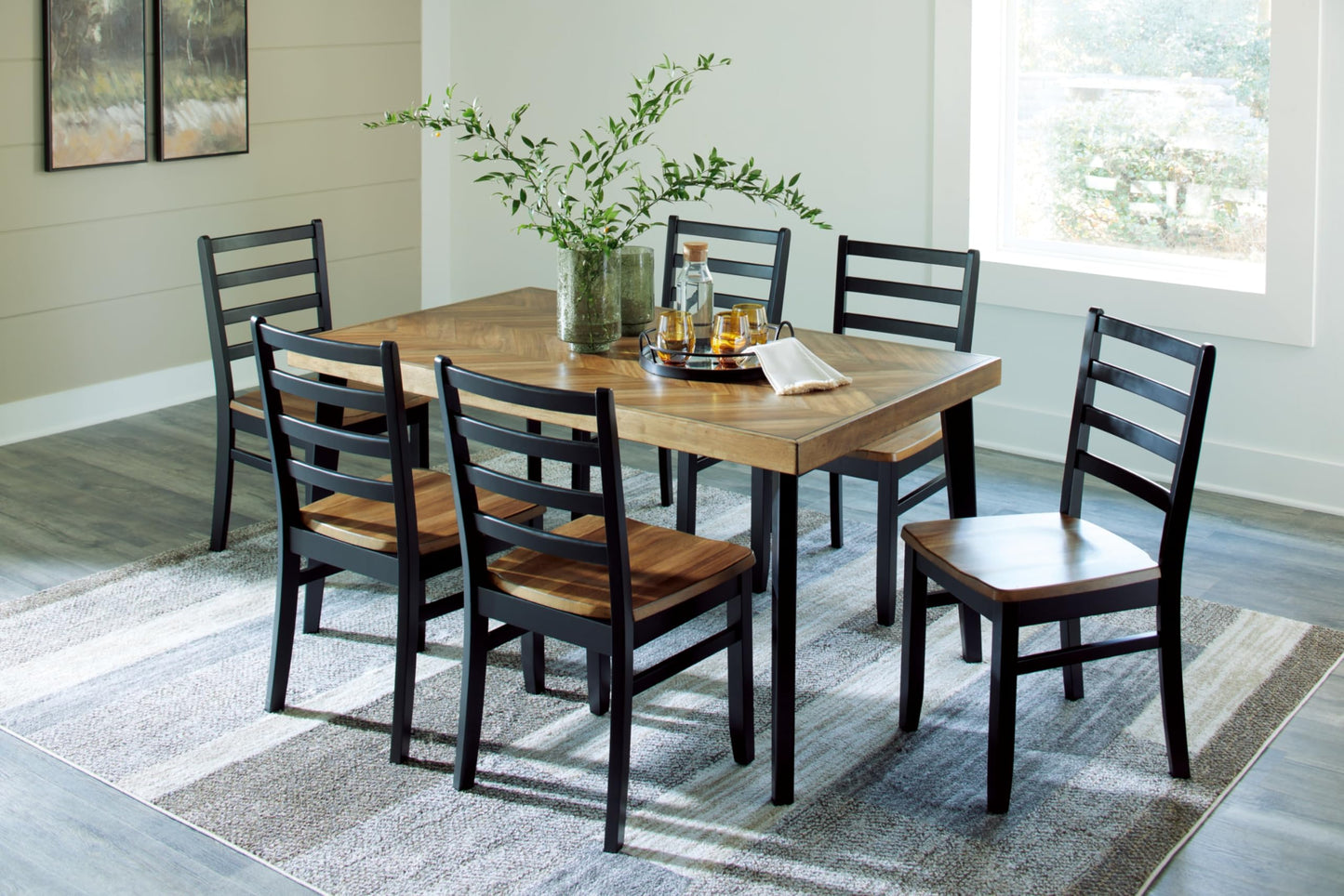 Signature Design by Ashley Blondon Rectangular Dining Room Table Set with 6 Chairs, Chevron Pattern, Tapered Legs, Seats 6, Wood, 60" Long, Brown & Black