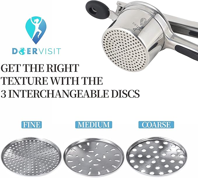 Potato Ricer Stainless Steel by DOERVISIT – Potato Ricer with catches that ensure the Fineness Discs will not dislodged when the handle is lifted up.