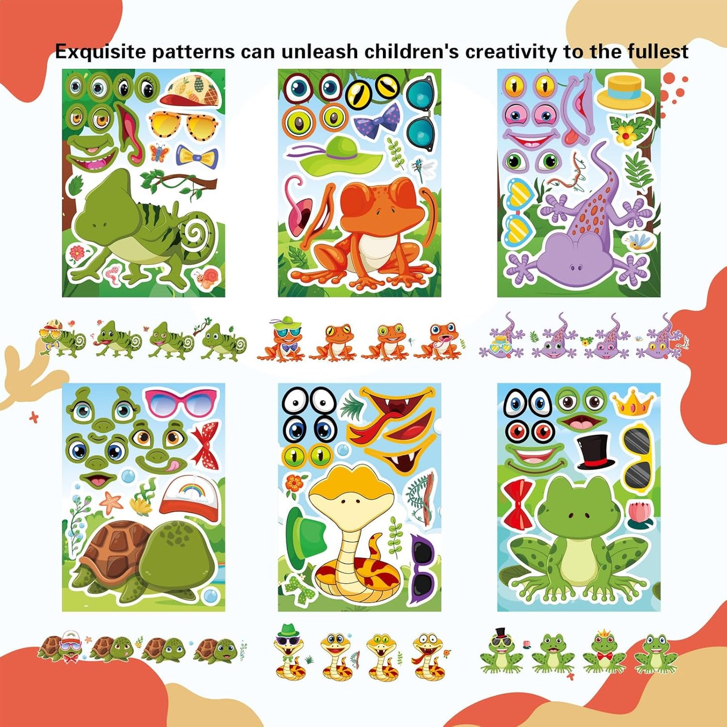 36 PCS Make a face Sticker for Kids Toddlers, Make Your Own Reptile Animal Mix and Match Sticker with Snakes, Lizards, Frogs, Turtles, Kids Party Favor Craft Supplies